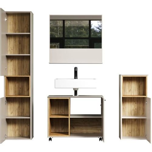 Salle De Bain Complète Cachemire - 180x186x42cm - Colonne + Miroir + Meuble Sous Vasque - Sao Paulo