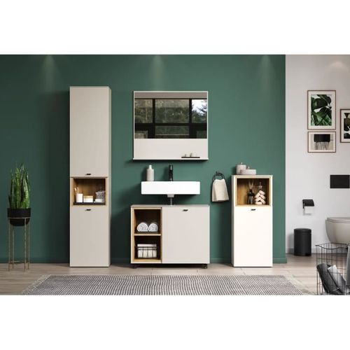 Salle De Bain Complète Cachemire - 180x186x42cm - Colonne + Miroir + Meuble Sous Vasque - Sao Paulo