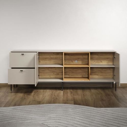 Meuble TV Sao Paulo - Cachemire / Chêne Blond - 2 Portes, 2 Niches, 2 Tiroirs - 110 X 68 X 45 Cm