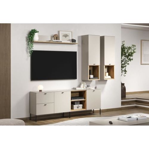 Composition TV Sao Paulo - Cachemire / Chene Blond - 4 Éléments - Portes + Tiroirs - 250x40x215 Cm