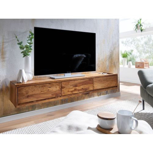 Meuble TV Suspendu 160cm Lowboard Bois Massif Sheesham Commode TV Mural