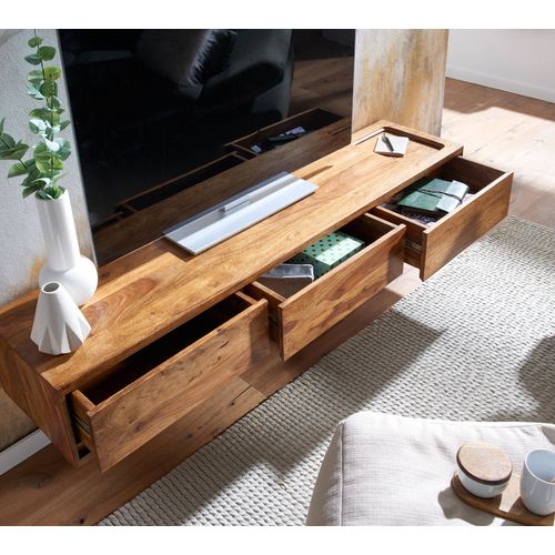 Meuble TV Suspendu 160cm Lowboard Bois Massif Sheesham Commode TV Mural