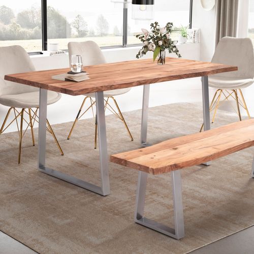 Table Salle à Manger Bois Massif D’acacia Métal Cuisine Bords Naturels 140 Cm