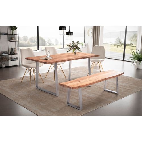 Table Salle à Manger Bois Massif D’acacia Métal Cuisine Bords Naturels 140 Cm