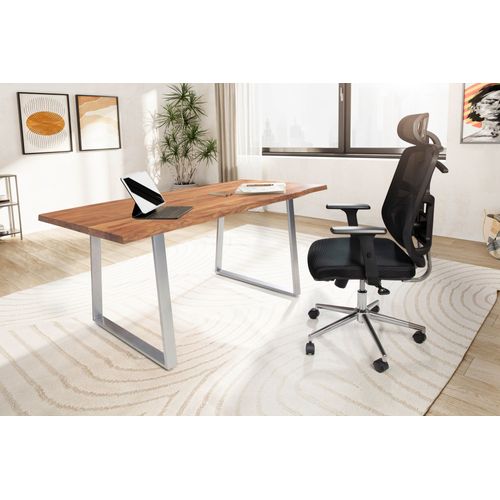 Bureau Bois Massif Acacia Métal Table D’ordinateur Bord Naturel Moderne 200 Cm
