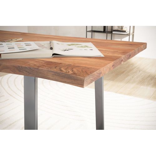 Bureau Bois Massif Acacia Métal Table D’ordinateur Bord Naturel Moderne 180 Cm