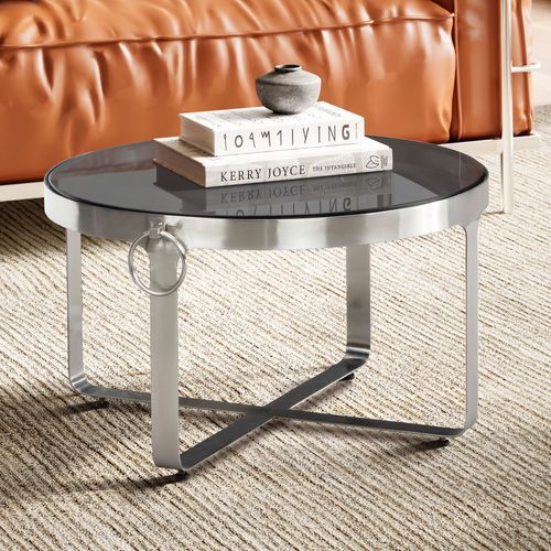 Table Basse Ronde Verre Métal Argent 60x60x34 Cm Table Salon Moderne