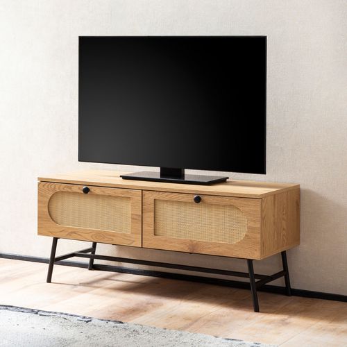 Meuble TV 100 Cm Lowboard Tiroir Commode TV Rotin Espace De Rangement