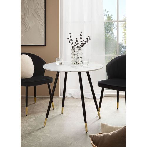 Table Salle à Manger 75 Cm Petite Effet Marbre Pieds Métal Moderne Blanc