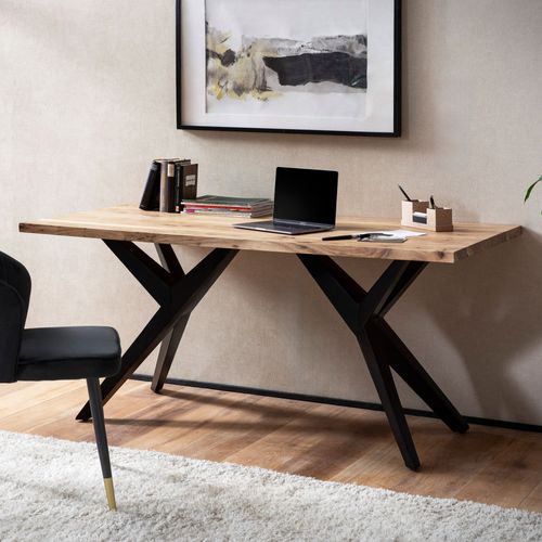 Bureau 180 Cm Bois Massif Acacia Métal Table D’ordinateur Industriel Petit