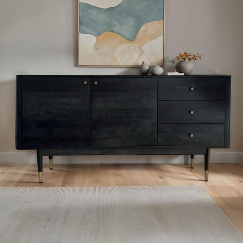 Buffet 160 Cm Bois Massif D'acacia Noir Commode Portes Tiroirs Salon