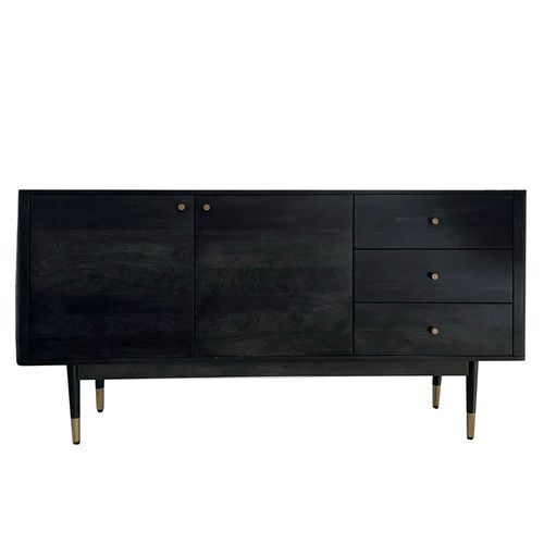 Buffet 160 Cm Bois Massif D'acacia Noir Commode Portes Tiroirs Salon