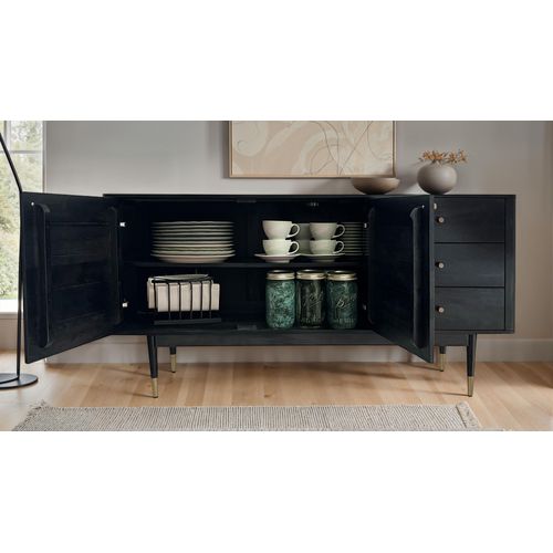 Buffet 160 Cm Bois Massif D'acacia Noir Commode Portes Tiroirs Salon