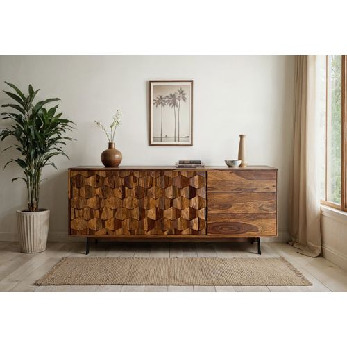 Buffet Bois Massif Sheesham 175 Cm Style Industriel Portes Et Tiroirs
