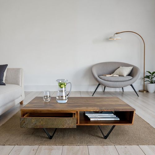 Table Basse Bois Sheesham 115 Cm Tiroirs Métal Style Industriel