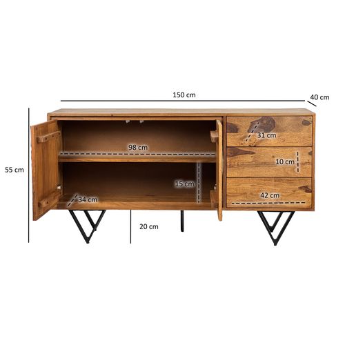 Buffet Bois Massif Sheesham 150x40x55 Cm Avec Portes Et Tiroirs