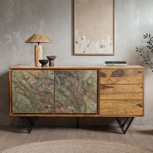 Buffet Bois Massif Sheesham 150x40x55 Cm Avec Portes Et Tiroirs