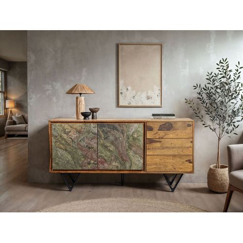 Buffet Bois Massif Sheesham 150x40x55 Cm Avec Portes Et Tiroirs
