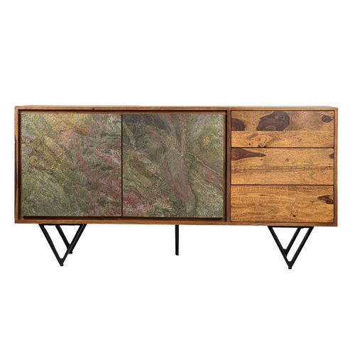 Buffet Bois Massif Sheesham 150x40x55 Cm Avec Portes Et Tiroirs