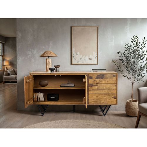 Buffet Bois Massif Sheesham 150x40x55 Cm Avec Portes Et Tiroirs