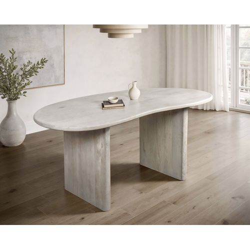 Table Salle à Manger 180x90 Cm Bois De Manguier Blanc Design Rétro