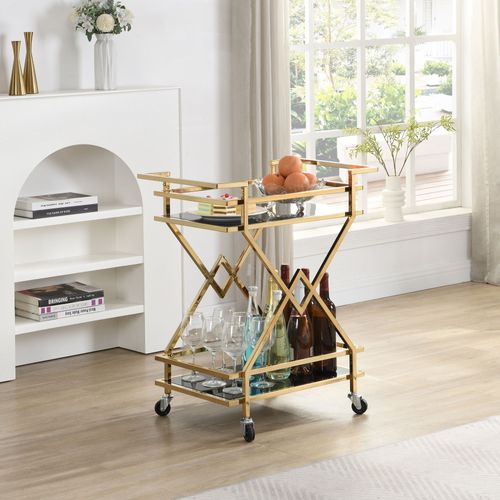 Desserte Chariot De Bar Moderne à Roulettes Verre Doré Métal 65x80x40 Cm