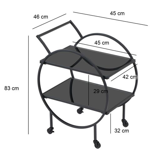 Desserte Chariot De Bar En Métal Noir, Étagères En Verre, 2 Niveaux, Roulettes