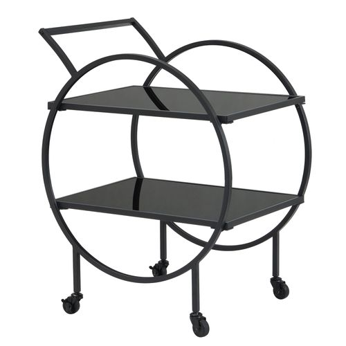 Desserte Chariot De Bar En Métal Noir, Étagères En Verre, 2 Niveaux, Roulettes