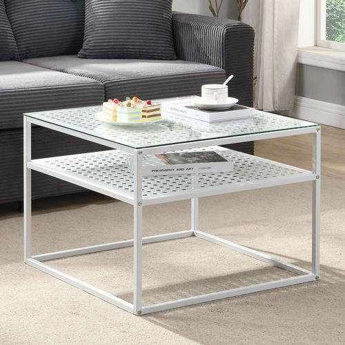Table Basse En Verre Et Métal, Carrée, 60 Cm, Pour Salon, Rangement, Moderne