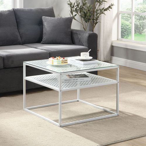 Table Basse En Verre Et Métal, Carrée, 60 Cm, Pour Salon, Rangement, Moderne