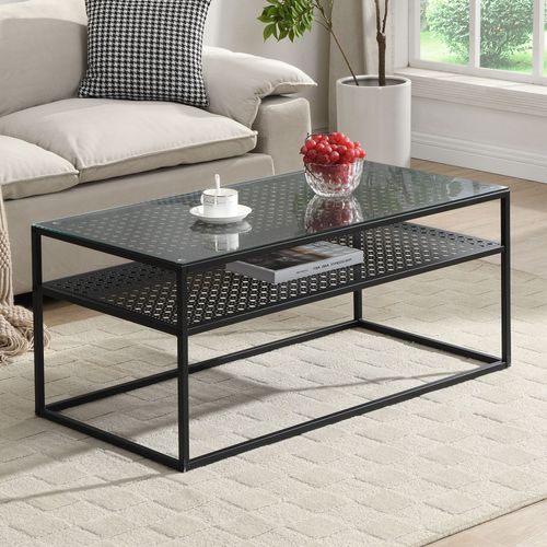 Table Basse Table De Salon Rectangulaire Verre 100 Cm Étagère En Métal Moderne