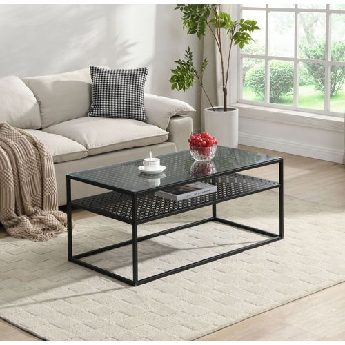 Table Basse Table De Salon Rectangulaire Verre 100 Cm Étagère En Métal Moderne