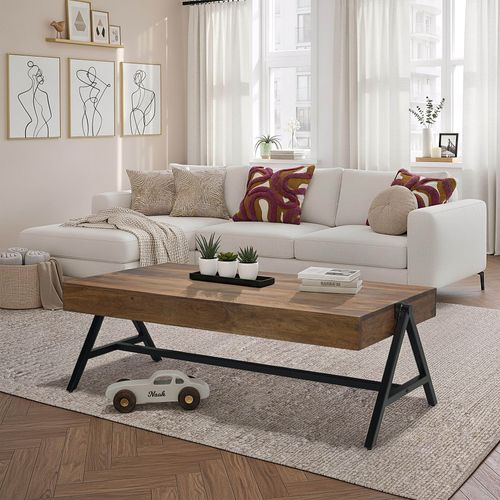 Table Basse Sheesham Bois Massif 120cm Table De Salon Rectangulaire Industrielle