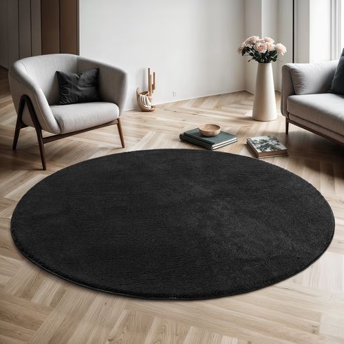 Tapis Moelleux Poils Courts, Antidérapant, Lavable, Soft, Noir, 120 X 120 Cm