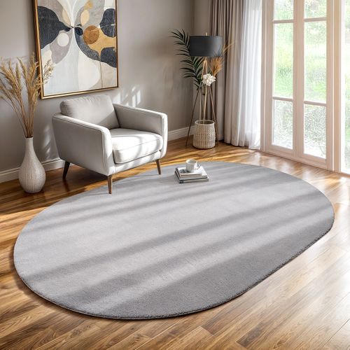 Tapis Moelleux Poils Courts, Antidérapant, Lavable, Soft, Gris, 140 X 200 Oval Cm