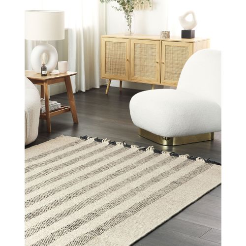 Tapis En Laine Blanc Cassé Et Noir 160 X 230 Cm Tacettin