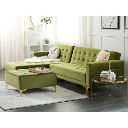 Canapé D'angle 4 Places Côté Droit En Velours Vert Avec Ottoman Aberdeen