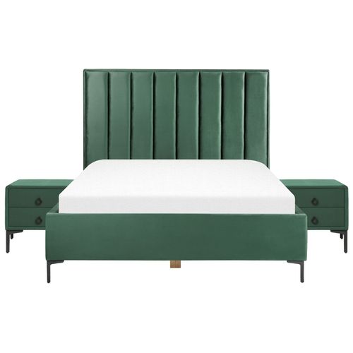 Ensemble De Chambre En Velours Vert Foncé Avec Lit Double 160 X 200 Cm Sezanne