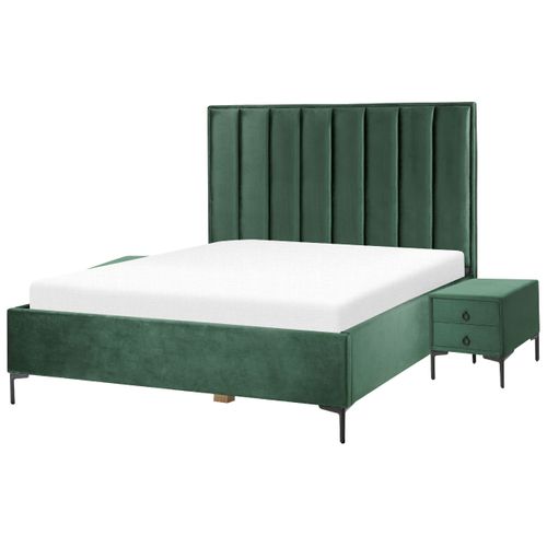 Ensemble De Chambre En Velours Vert Foncé Avec Lit Double 160 X 200 Cm Sezanne