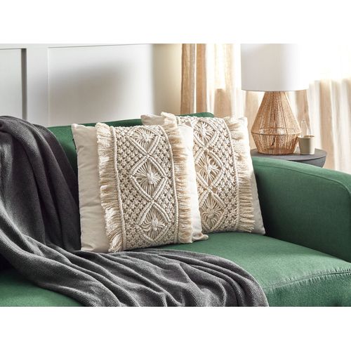 Lot De 2 Coussins Macramé Coton Beige Clair Kalam 45 X 45 Cm