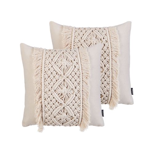 Lot De 2 Coussins Macramé Coton Beige Clair Kalam 45 X 45 Cm