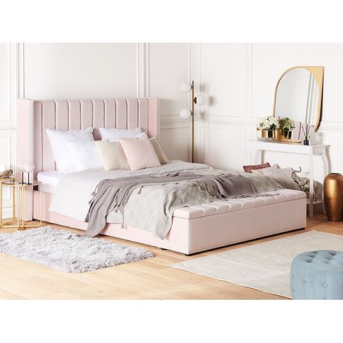 Lit à Eau Double En Velours Rose Pastel Avec Rangement 180 X 200 Cm Noyers