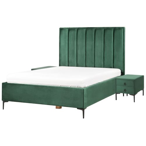 Ensemble De Chambre En Velours Vert Foncé Avec Lit Double 140 X 200 Cm Sezanne