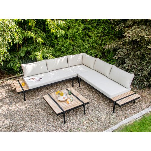 Ensemble De Canapés D'angle De Jardin 5 Places Bellariva Bois D'eucalyptus Blanc Cassé