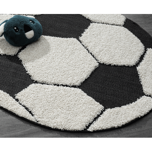 Tapis Lou Enfant Football, Noir Blanc, 200 Cm Ronde