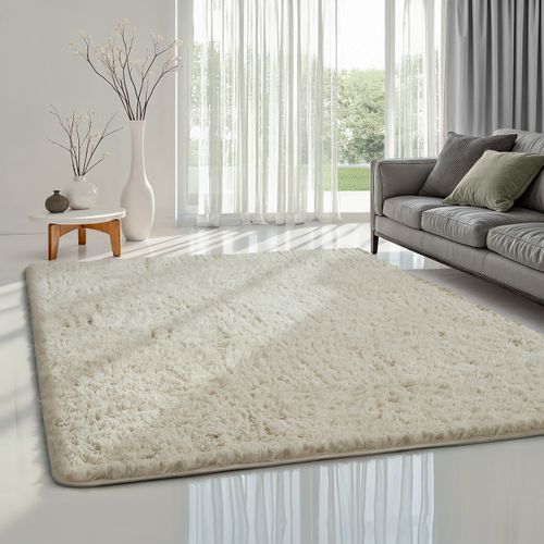 Tapis Soft Shaggy Poils Long Antidérapant, Crème, 80x150 Cm