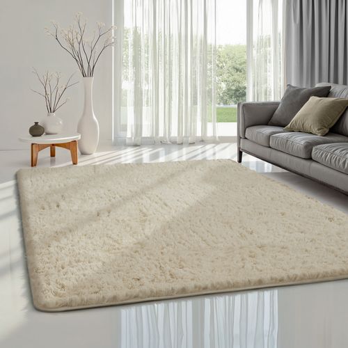 Tapis Soft Shaggy Poils Long Antidérapant, Beige, 120 Cm Rond
