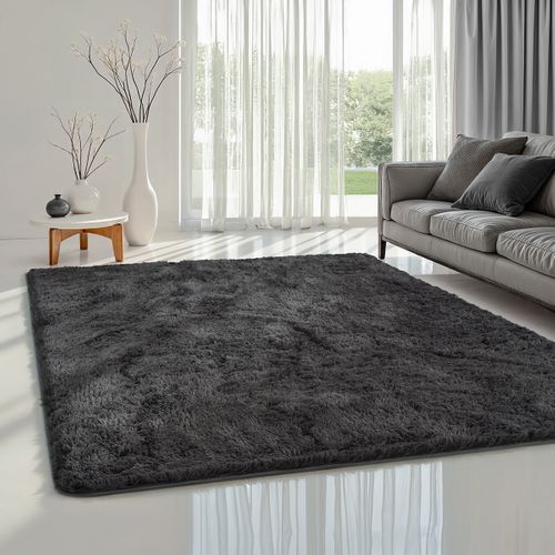 Tapis Soft Shaggy Poils Long Antidérapant, Anthracite, 120 Cm Rond