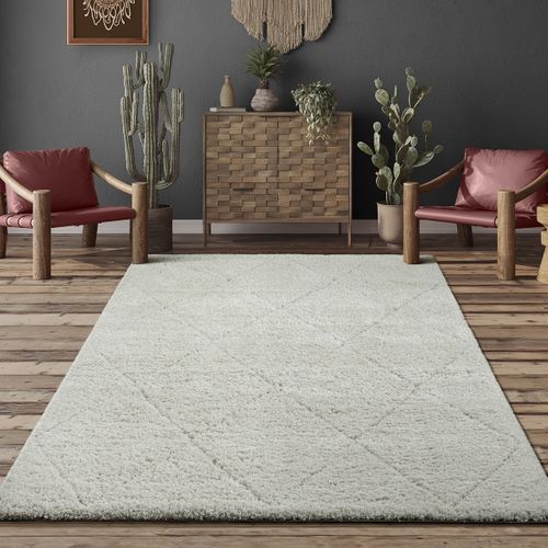 Tapis Bahar Shaggy Motif Losange, Crème, 200x290 Cm