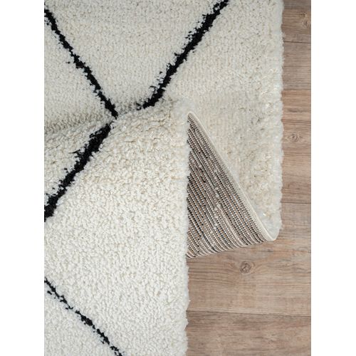 Tapis Bahar Shaggy Moderne Losange, Blanc Noir, 80x150 Cm